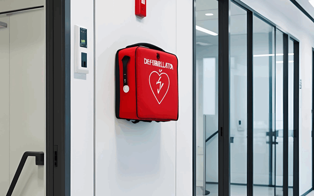 Défibrillateur accroché au mur dans le couloir d'une entreprise