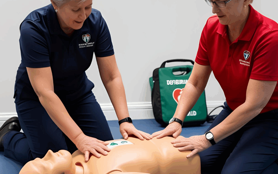 Femme retraitée apprenant les gestes de premiers secours sur un mannequin avec une formatrice